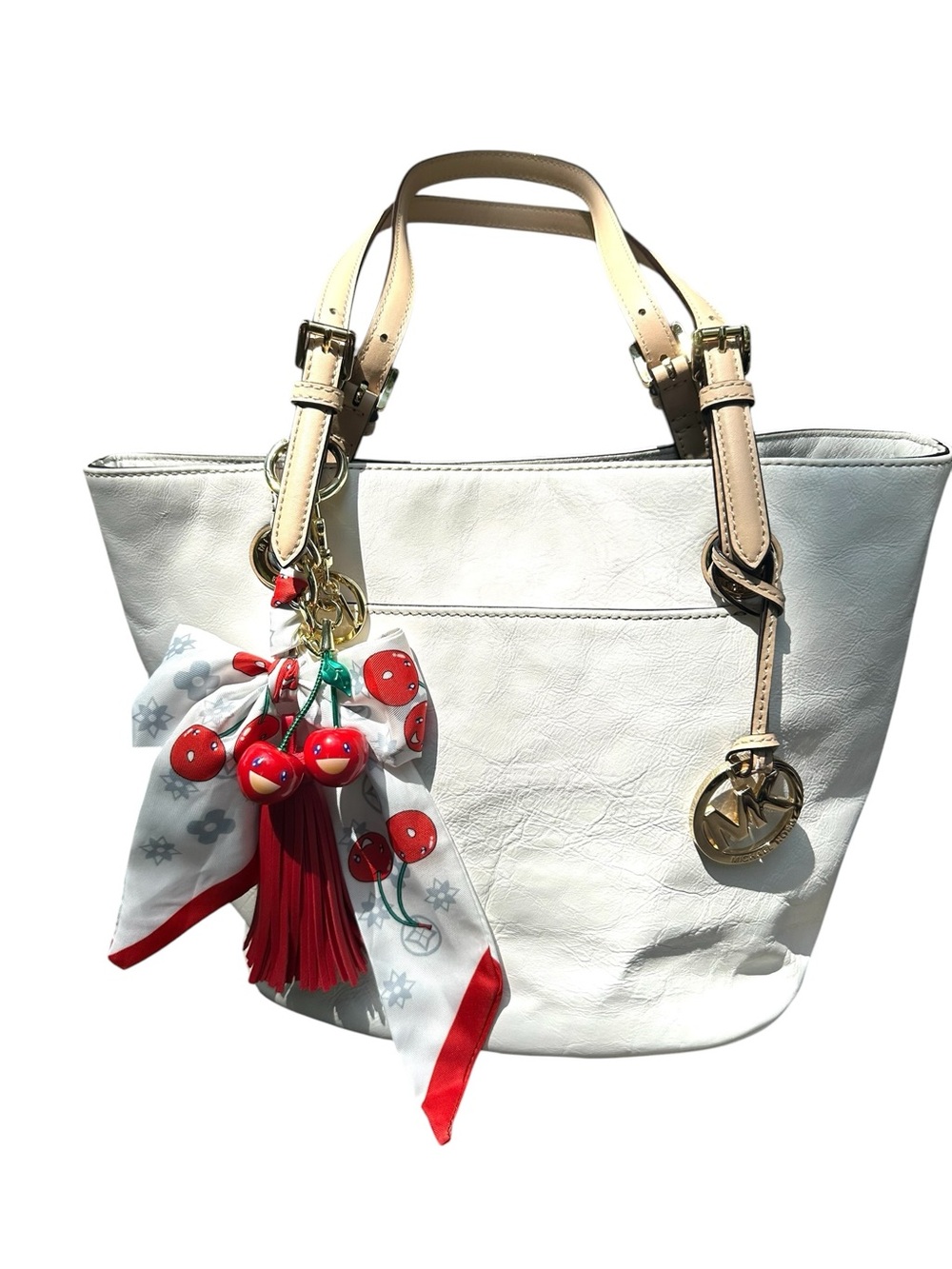 Michael Kors Ivory Tote Bag with Cherry Scarf Charm & Tassel Accent